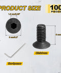 Built Tough Carbon Steel M2.5x6 Flat Head Socket Cap Screws 100 Piece Bundle Black Oxide Coated with hex spanner dimensions.