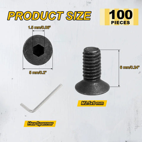 Built Tough Carbon Steel M2.5x6 Flat Head Socket Cap Screws 100 Piece Bundle Black Oxide Coated with hex spanner dimensions.