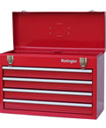 Red portable metal tool chest with 4 drawers, 22 gauge steel, featuring ball bearing slides and double latch pad lock system.
