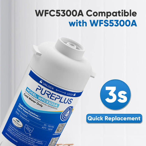 Label of Under Sink Water Filter Replacement For WFS5300A Ultra High Capacity, 22,000 Gallons, shown with quick replacement timing