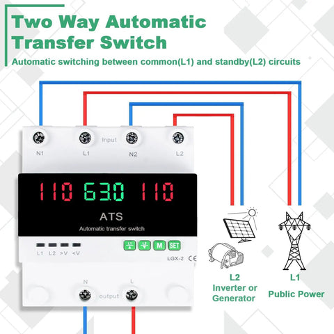 63A 110V Automatic Manual Transfer Switch With L1 Priority Phase Selector LED Display, diagram of power connections