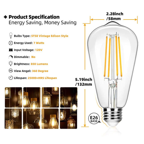 Vintage Edison Style LED Filament Bulbs 12 Pack, 60W Equivalent, 850 Lumens, 3000K Soft Warm White, E26 Base, product specifications