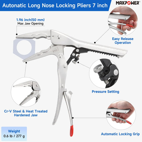 Self Adjusting Locking Pliers Set Knobs Free Squeeze And Go Grip Heavy Duty C Clamp Vise Tool with 1.96 inch jaw opening.