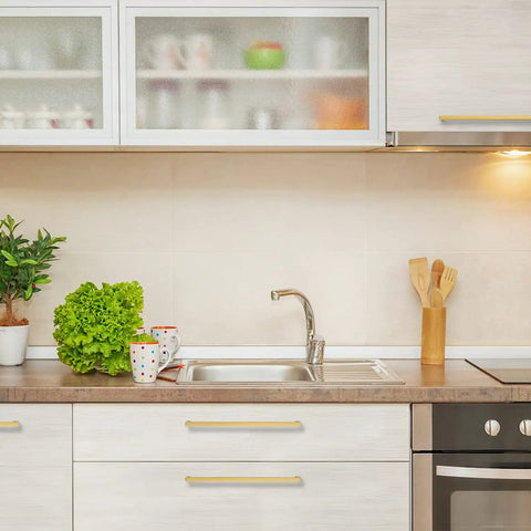 Modern kitchen with Brushed Brass Cabinet Pulls Gold Tone, 13 Inch Long With 0.5 Inch Wide, And 1.4 Inch Height, installed on cabinets.