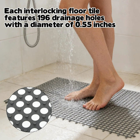 Person standing on 50 Pack Interlocking Drainage Mats 11.8 By 11.8 Inches Non Slip TPE Floor Tiles With Drain Holes