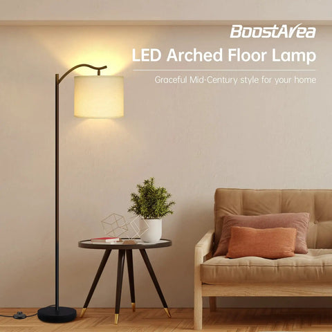 Dope Modern LED Arched Floor Lamp With Natural Linen Shade, Three Brightness Levels, E26 Socket, Footswitch, 63-Inch Tall White Standing Lamp For Living Room, Home Decor, And Cozy Ambiance in a mid-century styled room.