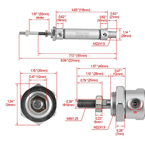 Slim Pneumatic Air Cylinder MAL 20-50 Built For Tight Spaces, 20mm Bore, 50mm Stroke, aluminum body with detailed measurements