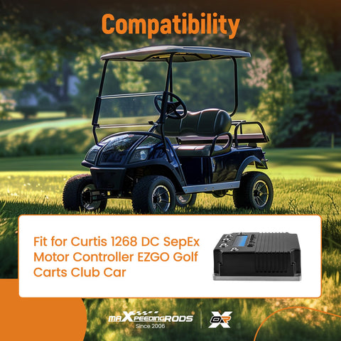 Golf cart outdoors with Speed Controller 36 To 48 Volt 400 Amp For Curtis 1268 DC SepEx Motor Controller EZ Go Golf Carts Club Car 1268 5403 12685403 Replacement Part shown inset.