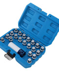 Heavy Duty 21 Piece Lug Nut Key Kit With Wheel Lock Socket Adapter And Removal Tools For Automotive Service in blue case