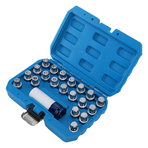 Heavy Duty 21 Piece Lug Nut Key Kit With Wheel Lock Socket Adapter And Removal Tools For Automotive Service in blue case