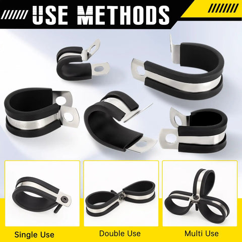 25 Pcs Rubber Cable Clamps Five Eighth Inch Stainless Steel Insulated Wire Clamps for Tube Pipe and Hose Installation. Cushioned mounts shown in various configurations for cable management.