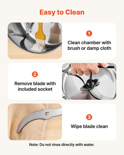 Steps to clean VEVOR 3400W Electric Grain Mill Grinder, showing easy maintenance of stainless steel components.