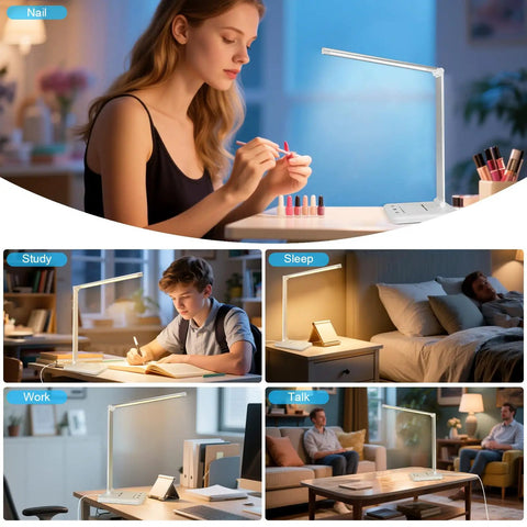 Dimmable LED Desk Lamp with USB Port in various settings; nail care, studying, sleeping, working, and talking, eye-friendly lighting.