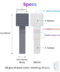 Gray and white self adhesive hook and loop cable ties dimensions 1.2x3.6 inches, sticky back. Pack of 40 for cable management.