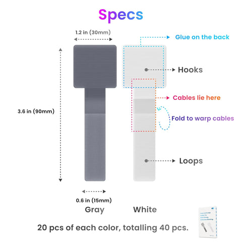 Gray and white self adhesive hook and loop cable ties dimensions 1.2x3.6 inches, sticky back. Pack of 40 for cable management.