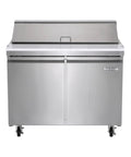 Commercial Nine Point Five Cubic Feet Stainless Steel Sandwich And Salad Prep Table Refrigerator with two doors and smooth surface.