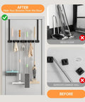 Over The Door Broom And Mop Holder in 304 Stainless Steel Wall Mount or Door Hanging with Hooks installed, holding cleaning tools.