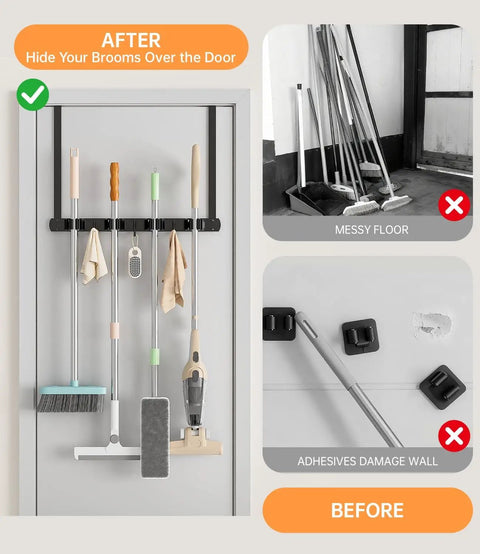 Over The Door Broom And Mop Holder in 304 Stainless Steel Wall Mount or Door Hanging with Hooks installed, holding cleaning tools.