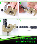 XIKOBY 35 chain breaker tool, gold-tone metal, used to disassemble a mini bike chain (front/side/close-up views)