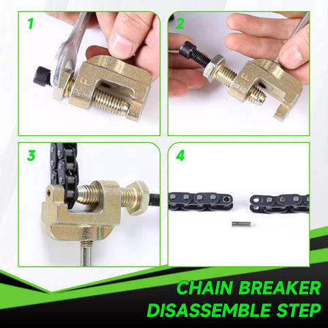 XIKOBY 35 chain breaker tool, gold-tone metal, used to disassemble a mini bike chain (front/side/close-up views)