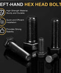 Three Pack M8 1.25 X 20mm Left Hand Hex Head Bolt Black Oxide Carbon Steel Reverse Thread Fastener displayed in various sizes.