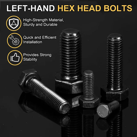 Three Pack M8 1.25 X 20mm Left Hand Hex Head Bolt Black Oxide Carbon Steel Reverse Thread Fastener displayed in various sizes.