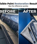 Before and after using Car Scratch Remover Pen, Quick Touch Up Tool For Cars, showing visible paint restoration results.