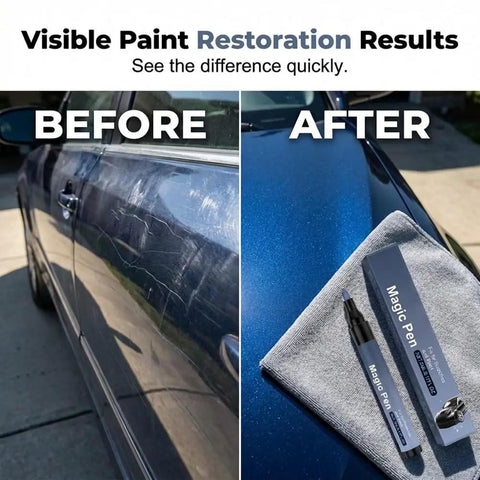 Before and after using Car Scratch Remover Pen, Quick Touch Up Tool For Cars, showing visible paint restoration results.