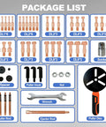 Package list of Beefy 55 In 1 Bearing Puller Kit For Heavy Duty Blind Hole Removal, alloy steel parts and tools displayed.