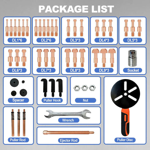 Package list of Beefy 55 In 1 Bearing Puller Kit For Heavy Duty Blind Hole Removal, alloy steel parts and tools displayed.