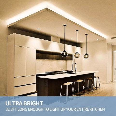 Modern kitchen with 32.8ft Warm White Dimmable LED Strip Lights Kit With Flexible Rope Design illuminating ceiling