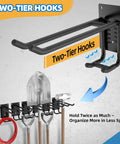 Six Pack 10 Inch Heavy Duty Two Tier Garage Hooks Wall Mount Storage Organizer with Anti Slip Coating holding tools.