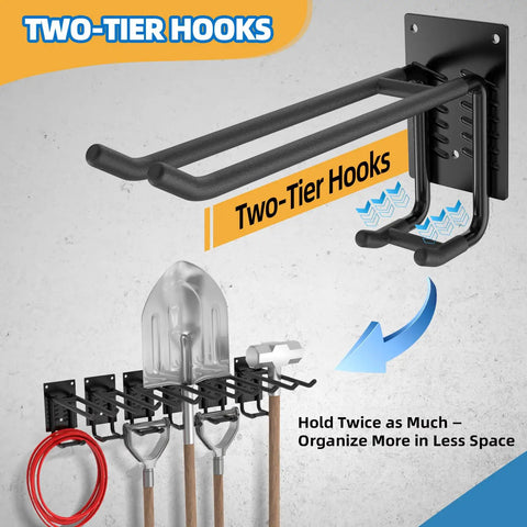 Six Pack 10 Inch Heavy Duty Two Tier Garage Hooks Wall Mount Storage Organizer with Anti Slip Coating holding tools.