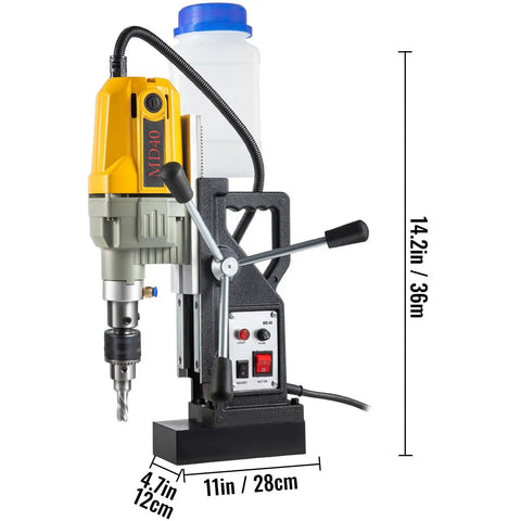 Heavy Duty Electric Mag Drill Press Built Tough For Rapid Core Drilling With Killer 1100W Motor Rolling At 580 RPM Plus Rock Solid Magnetic Base and twist bit kit, side view showing controls and coolant reservoir.