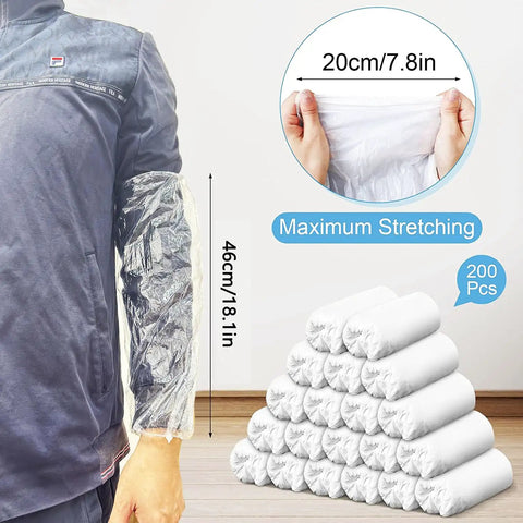 Disposable Arm Sleeve Covers 200 Pack Clear Plastic Sleeves For Painting, Repairs, Cleaning, Tattooing shown on arm and in packaging