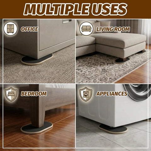 Eight Pack Heavy Duty Furniture Sliders For Carpet And Hardwood Flooring Featuring A Thick Cushioned Buffer in various uses under furniture and appliances.