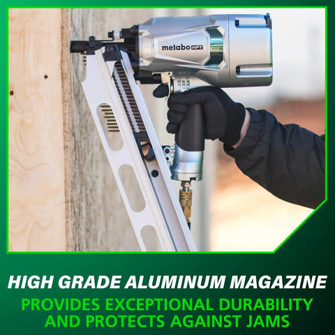 Top Shelf Pneumatic Framing Nailer With Smooth Operator Depth Tweaks And Heavy Duty Aluminum Magazine for snag free shooting of nails.