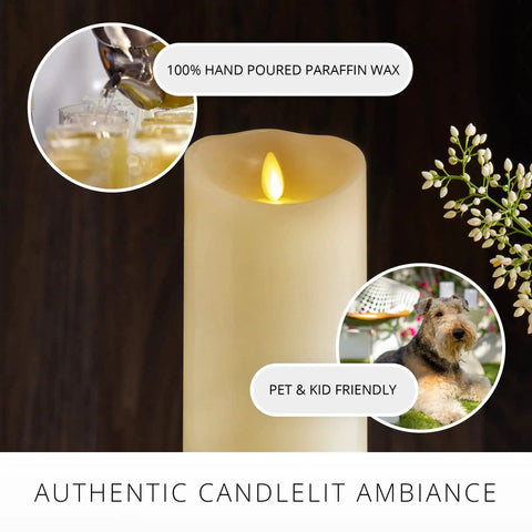 Scalloped Edge Flameless LED Pillar Candle Ivory 3.5 By 8.75 Inches Real Wax Look, glowing with authentic candlelit ambiance.