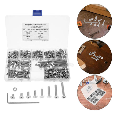 260 Piece M5 Nut Bolt And Washer Assortment Kit With Carbon Steel Spring Lock Washers, open case with assorted fasteners