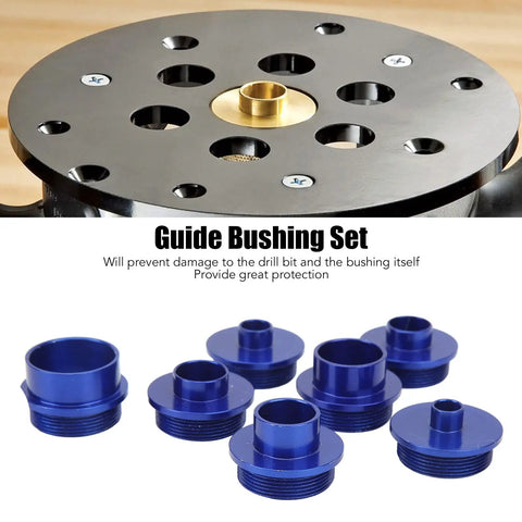 Real Deal Aluminum Router Template Guide Bushing Set For Woodworking Trimming And Profiling with blue guide bushings on drill plate.