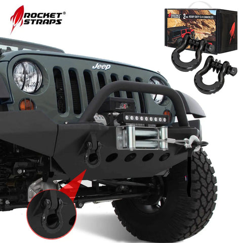 Built Tough 3/4 Inch D Ring Shackle Set 2 Pack Bow Shackles With 41,850 Lb Break Strength installed on off-road vehicle bumper