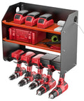 Heavy Duty Wall Mount Drill Organizer And Cordless Tool Storage Rack with drills, batteries, shelves for quick tool access.