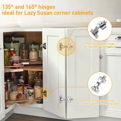 TamBee concealed hinge pair for frameless cabinet doors; 1 pair, 135°/165°, nickel-plated steel, soft-close dampers.
