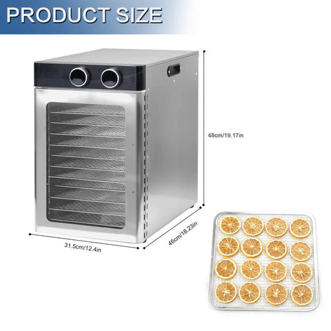 Kick Your Snack Game With This Badass Electric Food Dehydrator Featuring Twelve Roomy Trays And A Mighty 1200 Watts Heating System For Spotlessly Even Drying On Trail Jerky Seasonal Fruit And Custom Dog Treats shown with product size and dehydrated fruit.