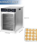 Built Like A Tank Electric Food Dehydrator Boasting 12 Premium Stacked Stainless Steel Trays And A Knockout 1200 W Motor, size dimensions displayed.