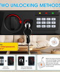 Close-up of digital keypad lock with two unlocking methods on a 3.3 Cu Ft Fireproof Home Safe With Waterproof Seal Digital Keypad Lock Spare Keys Anti Theft Security Safe For Cash Valuables Guns Meds And Documents Today.