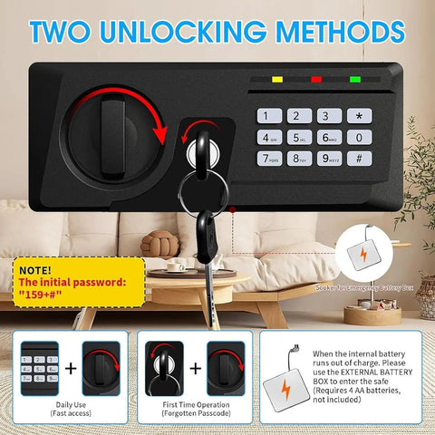 Close-up of digital keypad lock with two unlocking methods on a 3.3 Cu Ft Fireproof Home Safe With Waterproof Seal Digital Keypad Lock Spare Keys Anti Theft Security Safe For Cash Valuables Guns Meds And Documents Today.