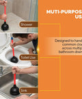 Heavy Duty Toilet Plunger For Bathrooms And Kitchens With Industrial Strength Suction Cup in use on shower, toilet, and sink