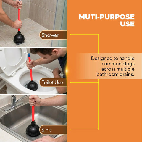 Heavy Duty Toilet Plunger For Bathrooms And Kitchens With Industrial Strength Suction Cup in use on shower, toilet, and sink