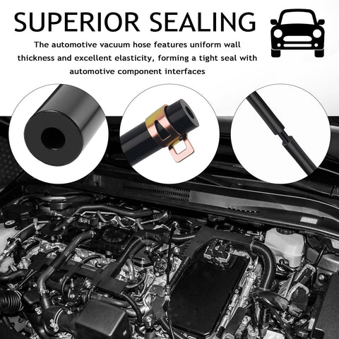 Close-up of Six Piece Five Foot Silicone Vacuum Hose Kit For Cars And SUVs With Clamps, shown above car engine bay.